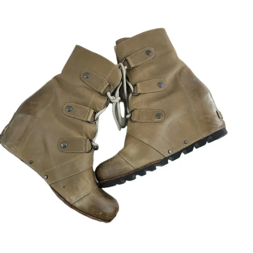 Sorel Boots Womens 9 Joan Of Artic Wedge Mid Tan Distressed Dark‎ Fog Waterproof